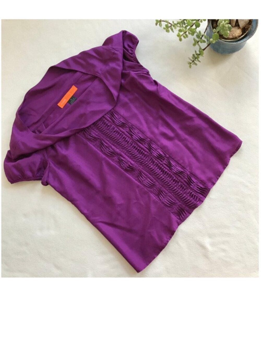 Cynthia Steffe 100% Silk Jewel Cowl Neck Blouse Royal Purple Jewel Pin Tuck 8 M